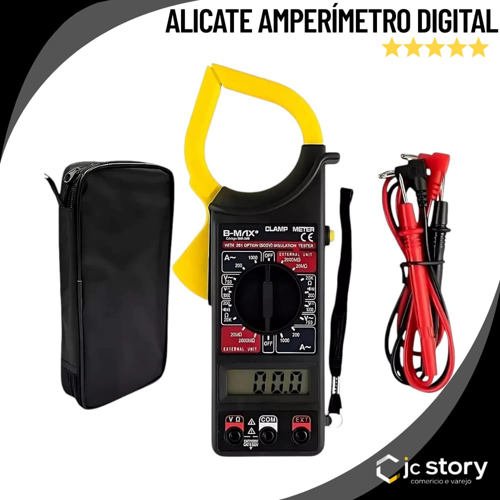 Alicate Amperímetro Digital Portátil 1000A Multímetro com Cabos de Teste e com Estojo Tela LCD