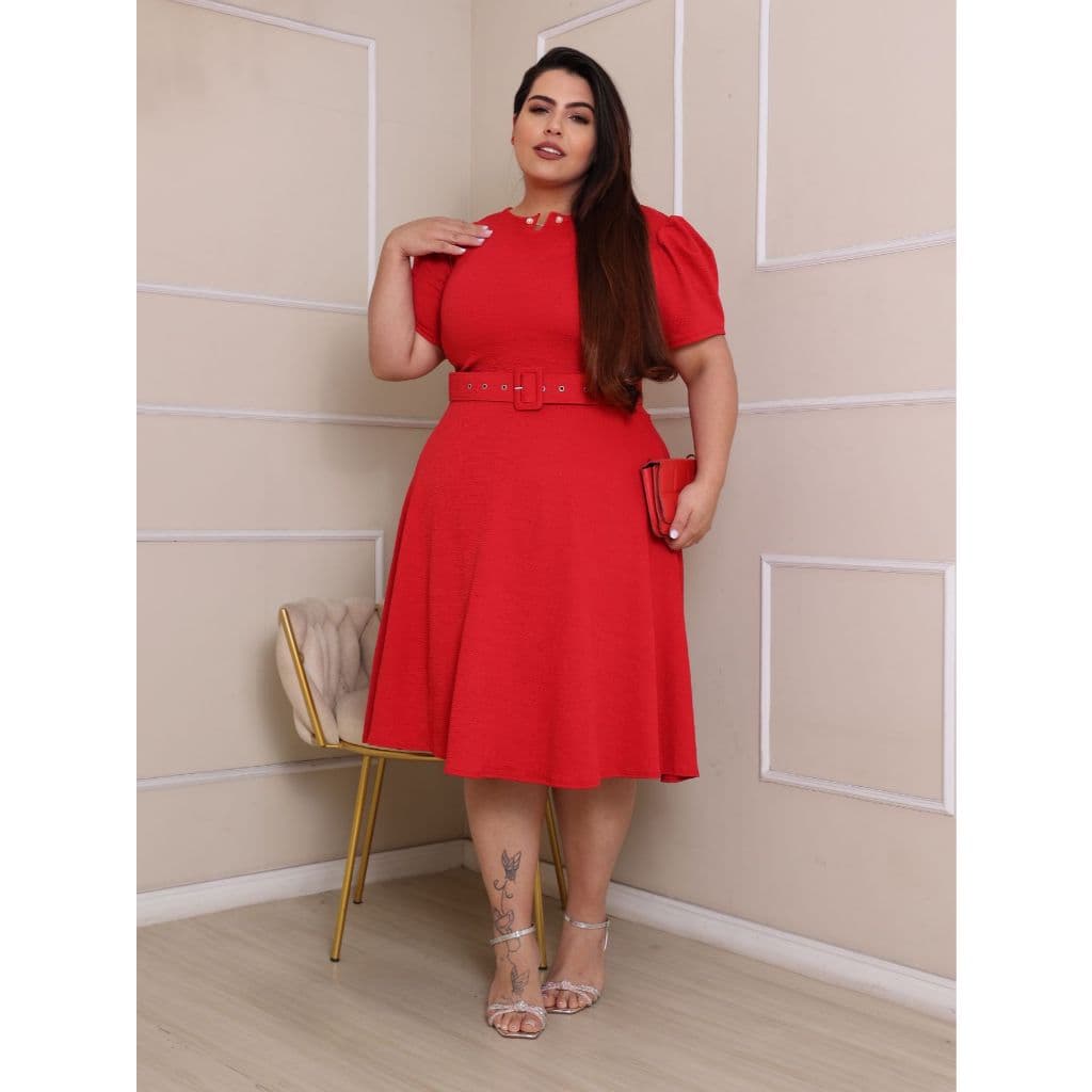 Vestido Plus Size Godê Alice com Cinto Moda Feminina Tamanhos Maiores Fardamento Congresso