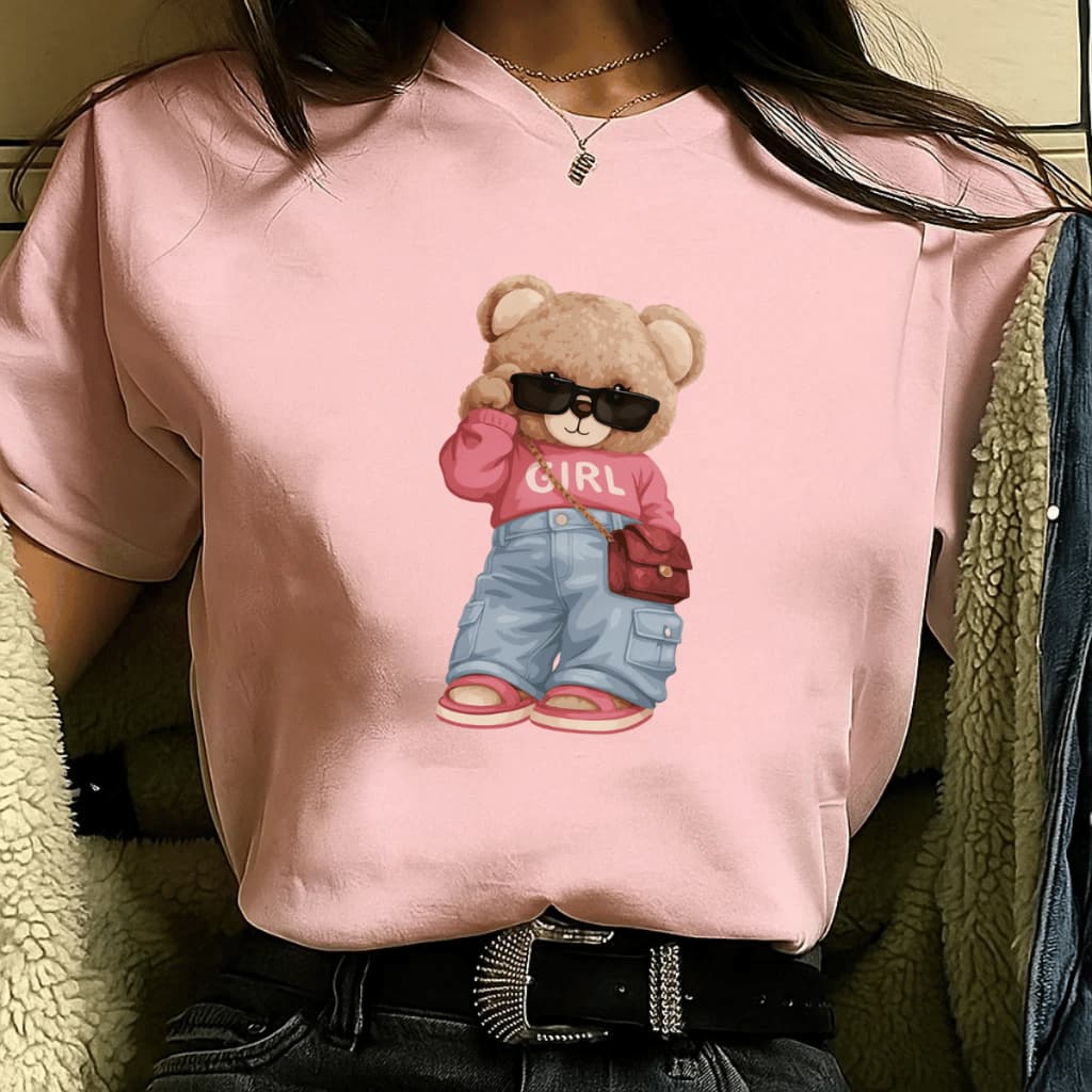 Camiseta Feminina Confortável Fofa Ursinho 100% Algodão