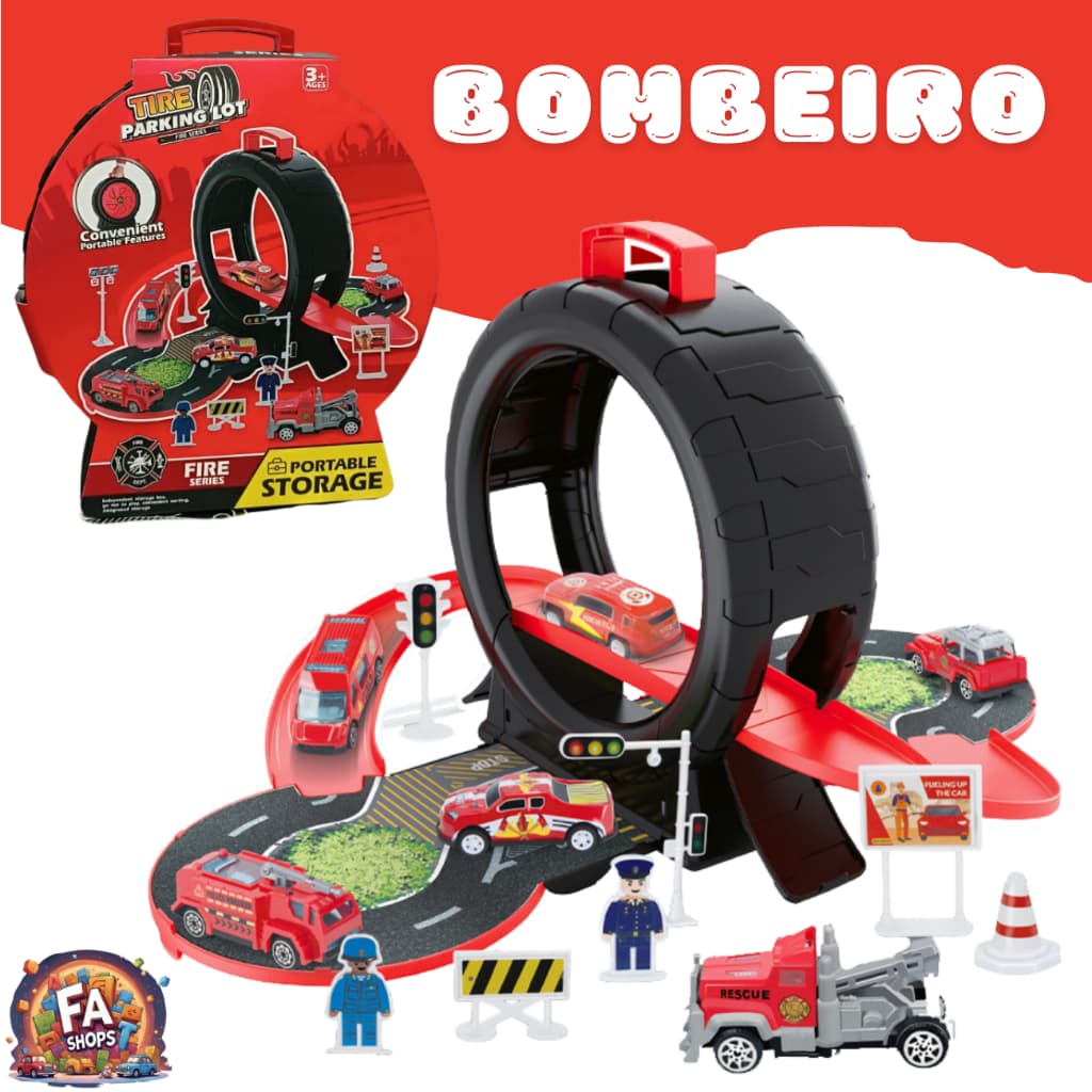 Pista de Carrinhos Maleta de Transporte Brinquedo Infantil de Montar Bombeiros Vermelho Criança
