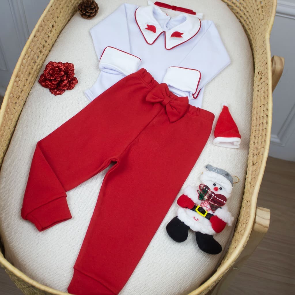 CONJUNTO PARA BEBE DE NATAL PARA MENINA CALÇA COM LAÇO BODY BORDADO 100% ALGODÃO CONFORTAVÉL