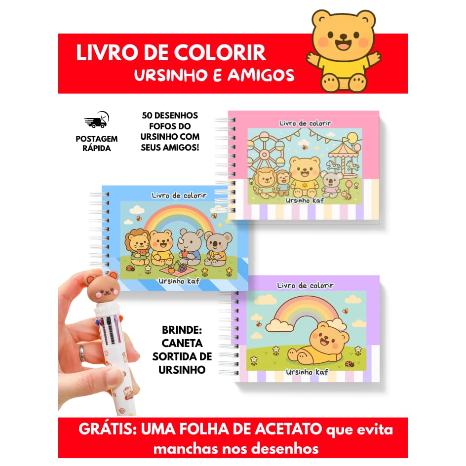 Livro de Colorir Ursinho e Amigos Bichinhos Fofo Infantil Criança  50 Desenhos Capa Dura