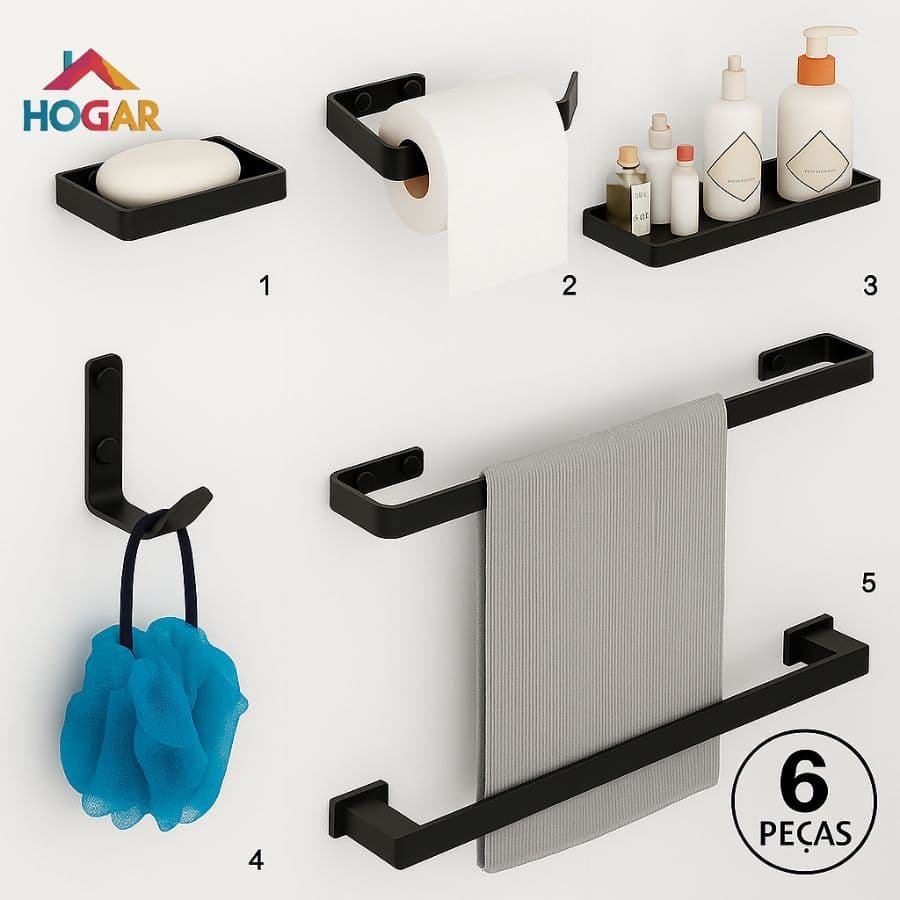 Kit 6 Suporte Acessórios Para Banheiro Alumínio Fosco Preto Com Premium Anticorrosivo