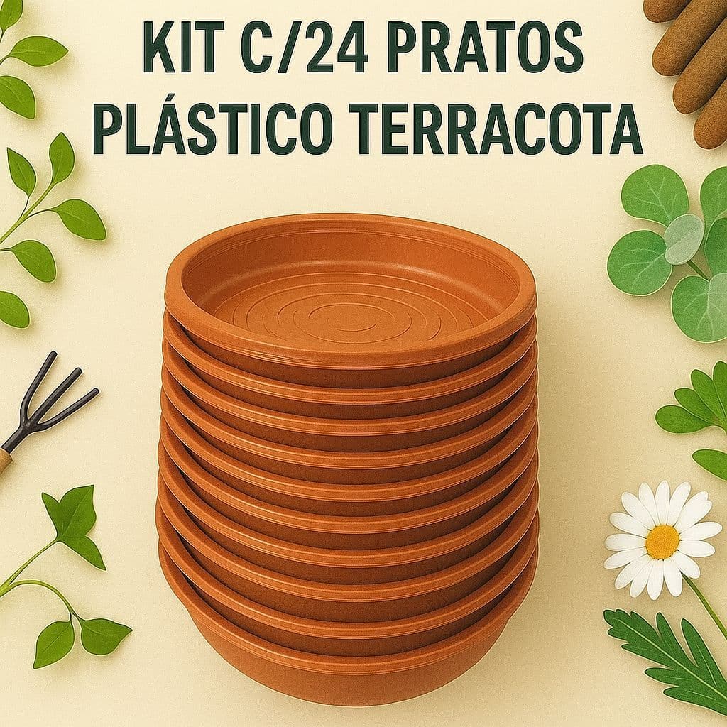 Kit 24 Pratos Plastico Terracota - Para Vasos de Plantas Pequenos, Médios e Grandes
