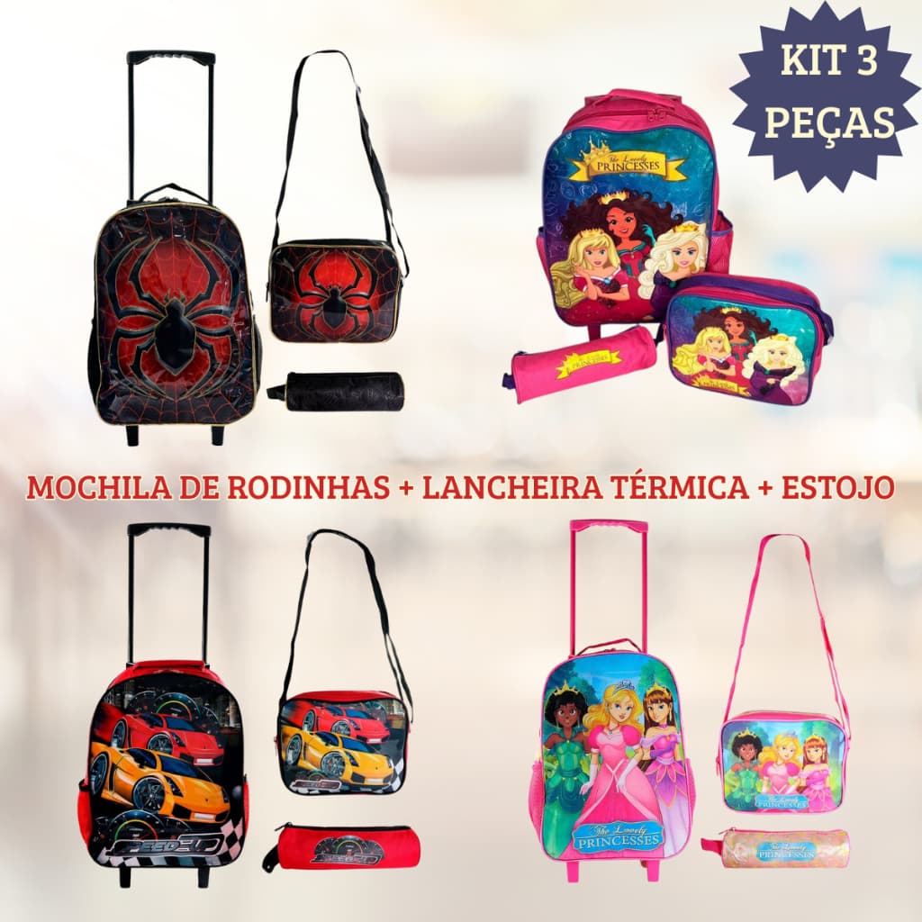 Kit Mochila Infantil Escolar com 3 peças Princesas Carrinho Aranha Organização Escola Passeio Viagem Livro Caderno Lápis