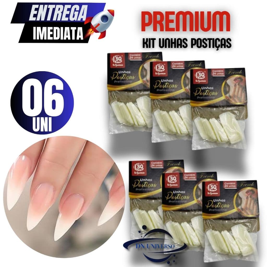 KIT 06 UNHAS POSTIÇAS STILETTO  PROFISSIONAL NATURAIS REALISTAS 24 UNIDADES