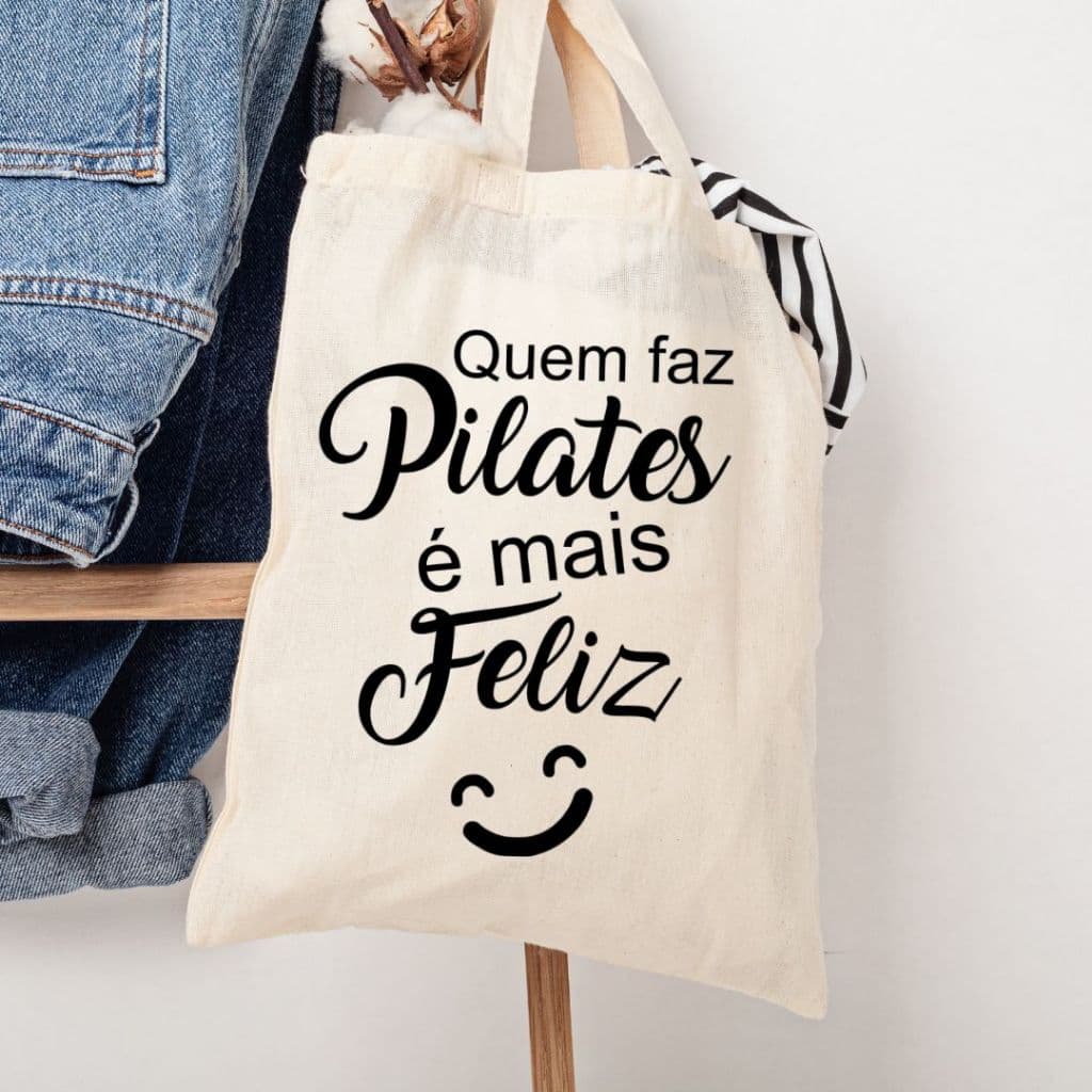Ecobag Bolsa de Praia Unissex Sacola Ecológica 100% Algodão Cru Quem Faz Pilates é Mais Feliz
