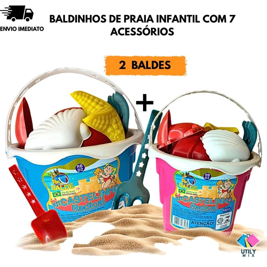 Kit Com 2 Balde De Praia Infantil Castelinho de Areia com 7 Peças