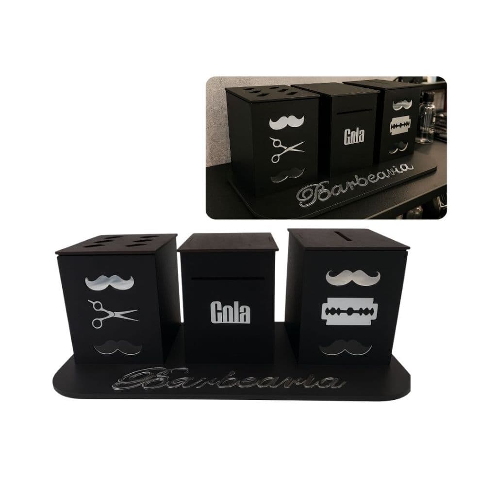 Descarte Para Lâminas De Barbearias + Porta Tesouras + Suporte Gola Higiênica com Decoração em Prata