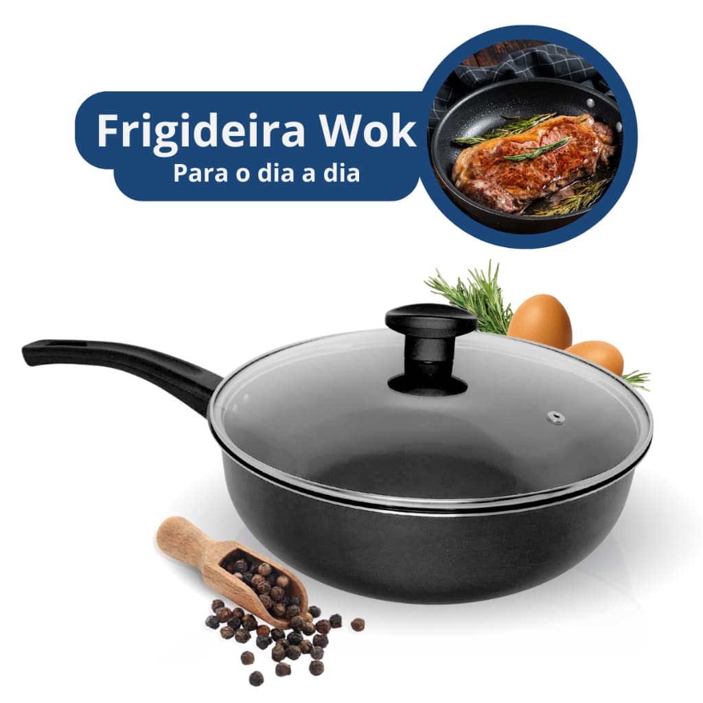 FRIGIDEIRA FUNDA WOK ANTIADERENTE Nº 26 PRETO ALUMÍNIOS PORTELA