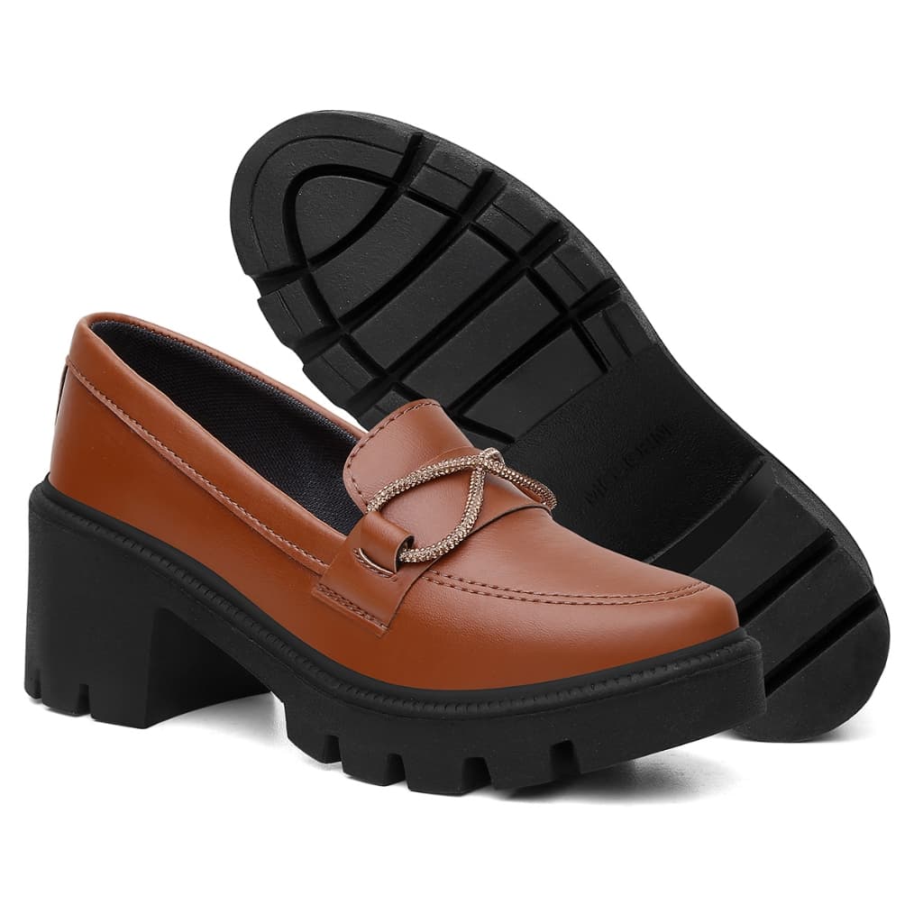 Mocassim Feminino Tratorado Social Casual Moda Evangélica Salto Bloco