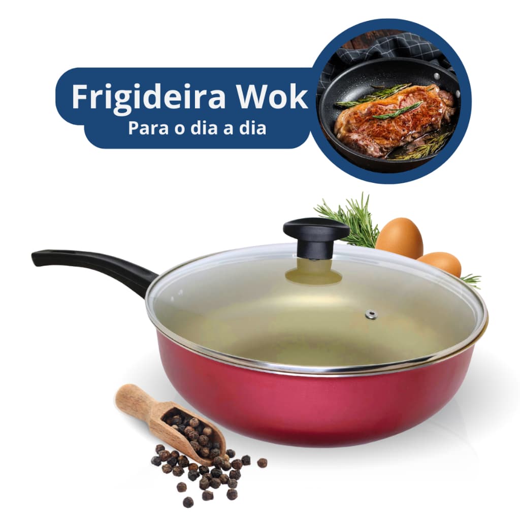 Frigideira Funda Antiaderente Wok Reforçada Tampa de Vidro 30 cm Alumínios Portela