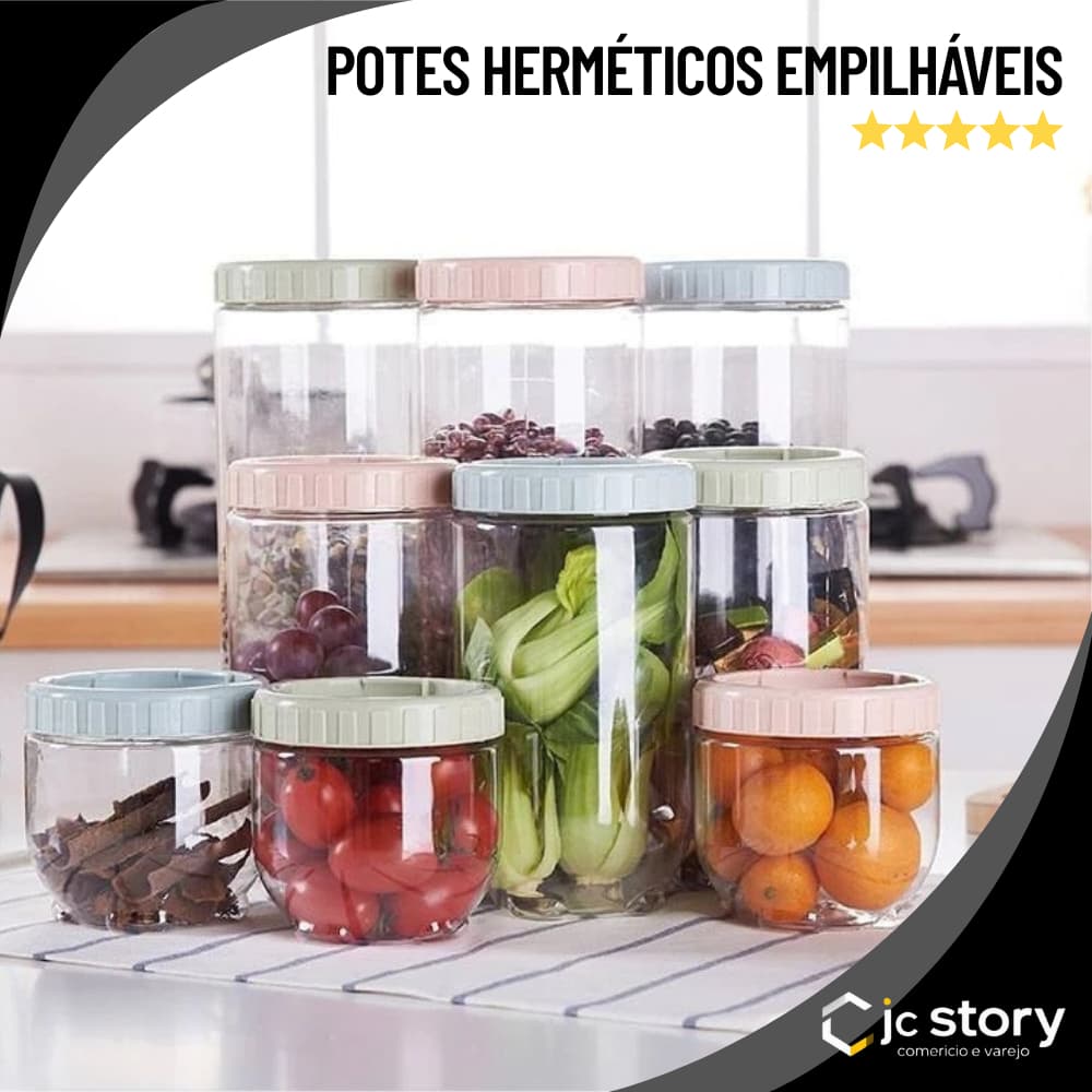 CONJUNTO 3 POTES PLÁSTICO TAMPA HERMÉTICO ORGANIZADOR EMPILHÁVEL ALIMENTO COZINHA DESPENSA