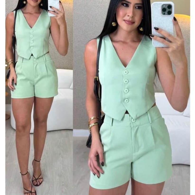 Conjunto Feminino Alfaiataria Colete e Short com Botões Bolso e Ziper -  Elegante Conforto