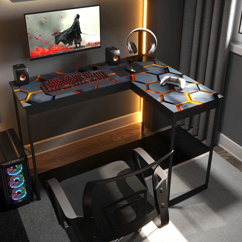 Mesa Gamer em L 110cm de Canto  Escrivaninha Industrial Home Office com Tampo Octogonal Pier