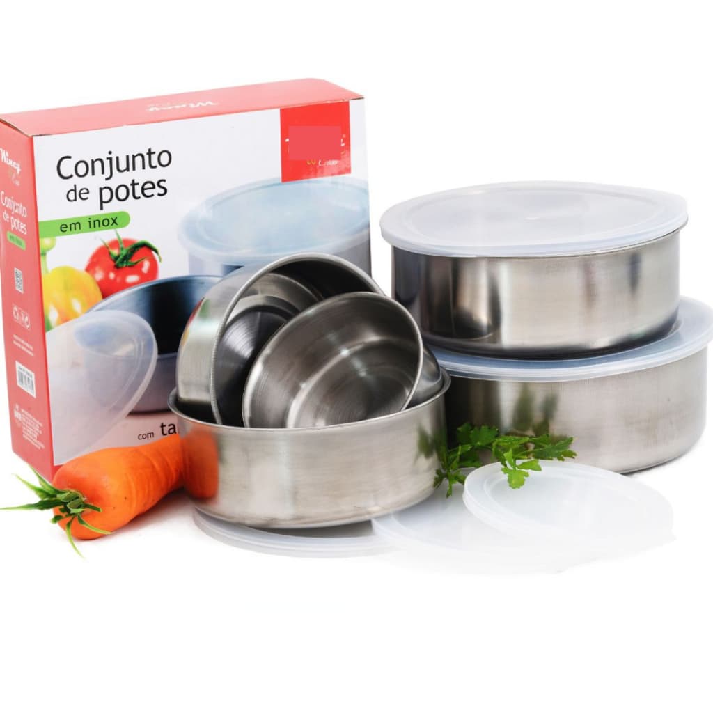 Conjunto 5 Potes de Inox com Tampas Herméticas cozinha – Resistentes, Empilháveis, Multiuso, Fácil Limpeza e Diferentes