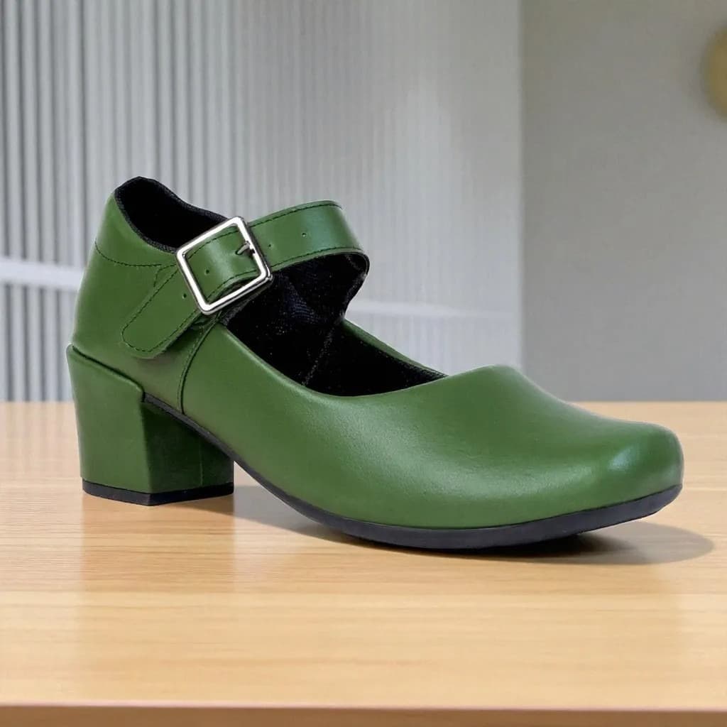 Sapato Feminino Boneca Verde Militar com Fecho Fivela e Salto Bloco Feminino Estilo Mary Janes Salto Grosso