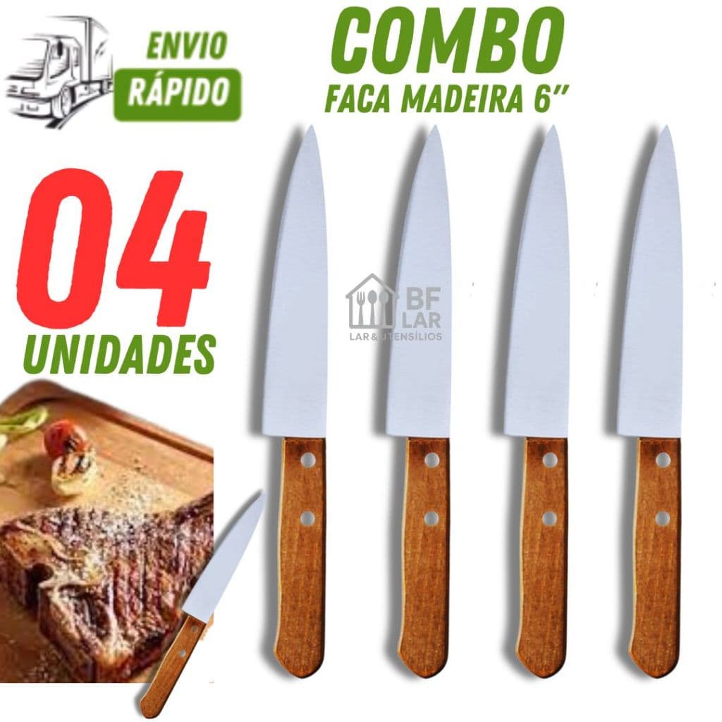 Kit com 04/03/02/01 Facas de Cozinha Cabo Madeira Profissional Nº6" de Aço Faca de Qualidade e Corte