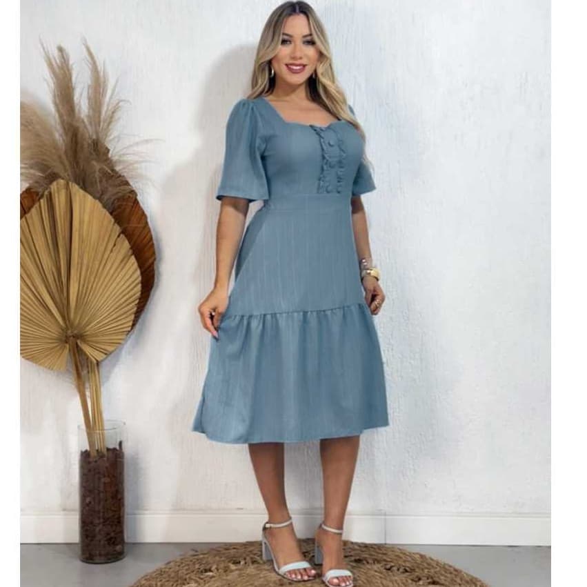 vestido midi manga curto com botau na frente elastex nas costas
