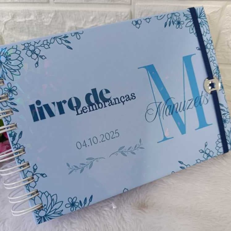 Livro de assinatura personalizado com foto a5 floral azul 90 folhas caderno de mensagen