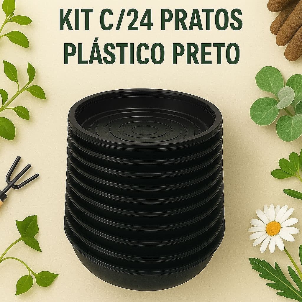 Kit 24 Pratos Plastico Preto - Para Vasos de Plantas Pequenos, Médios e Grandes