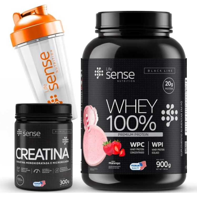 Kit Turbo Whey 100% + Creatina 100% Pura 300g + Coqueteleira Life Sense Nutrition