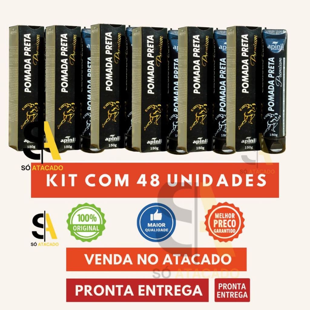 🔥KIT 48 UND Pomada Preta Premium Apinil 150g – Original | Atacado Revenda | Com Nota Fiscal.