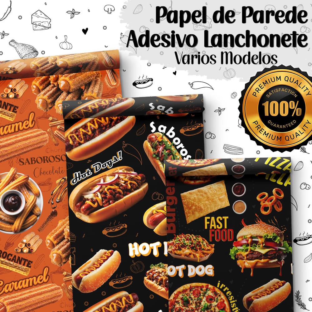 Papel de Parede Adesivo Hot Dog Hamburguer Batata Frita Cachorro Q. Cozinha Lanchonete Lanche Pizza