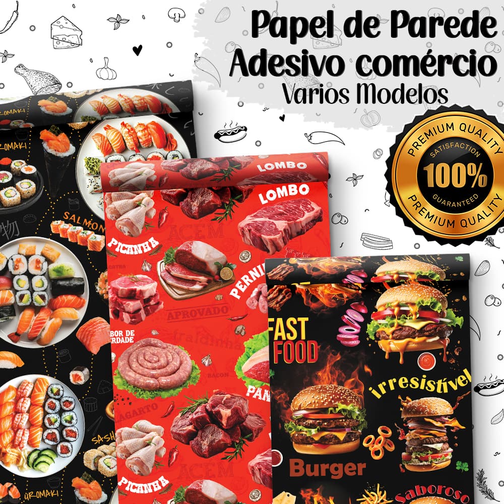 Papel de Parede Adesivo FastFood Açougue Frutas Prato de Comida Lanche Sushi Cachorro Quente Hot Dog