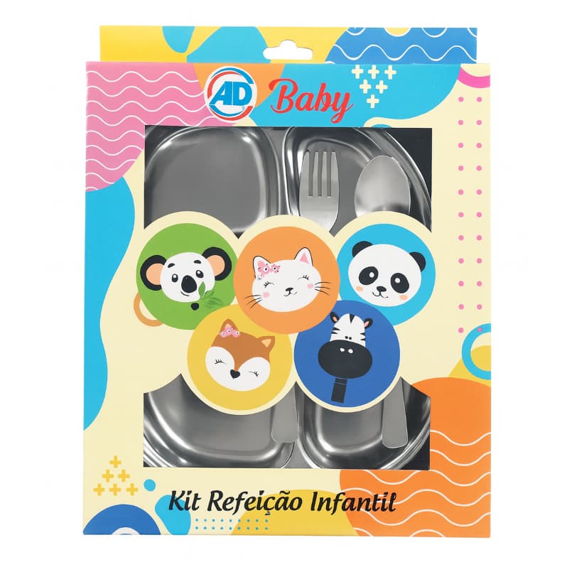 Kit Alimentação Infantil Inox 4 Peças | Prato Colher Garfo Faca | Prato Com Divisória e Talheres