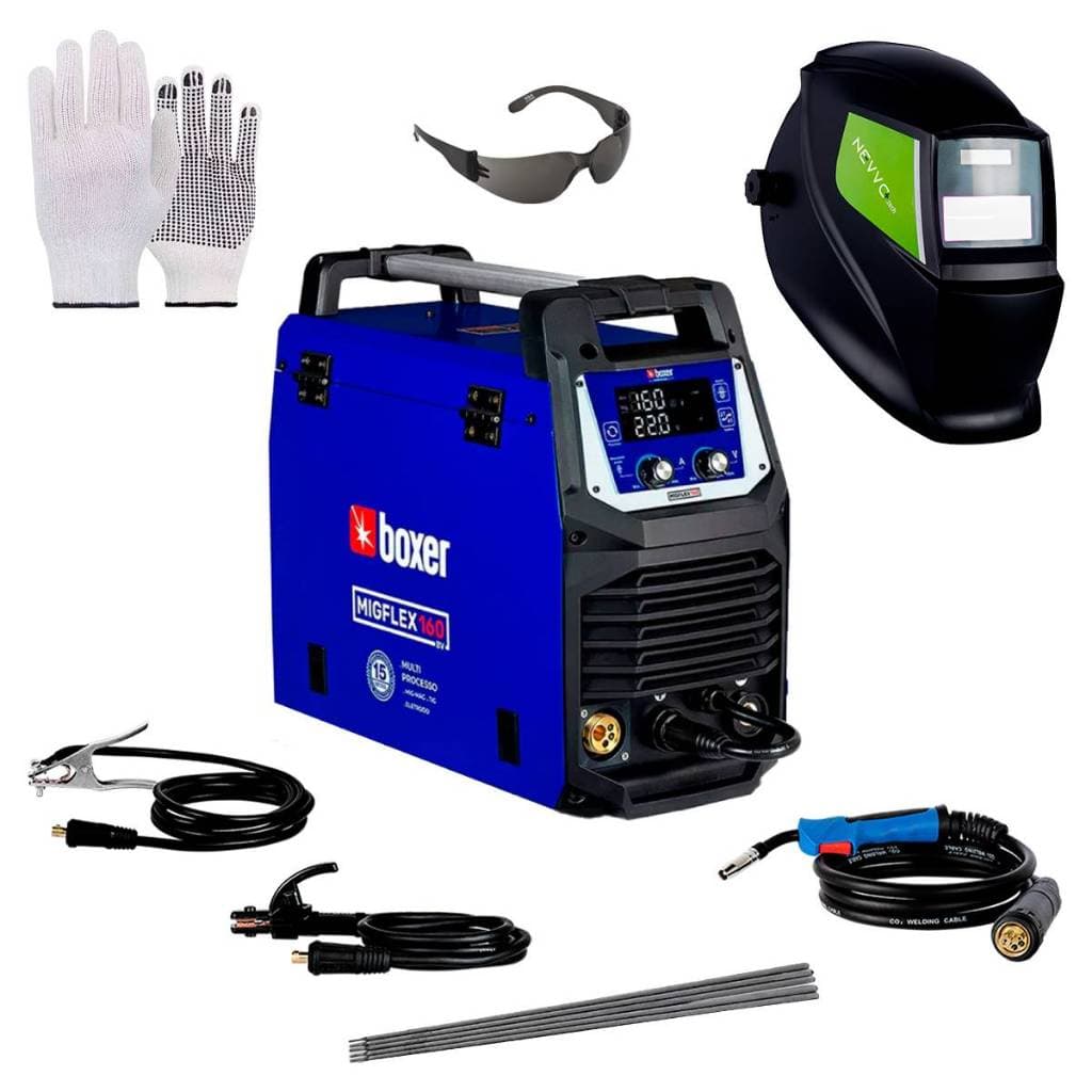 Máquina de Solda 160A Bivolt Com e Sem Gás Migflex160 Boxer + Mascara de Solda + Luva e Óculos EPI