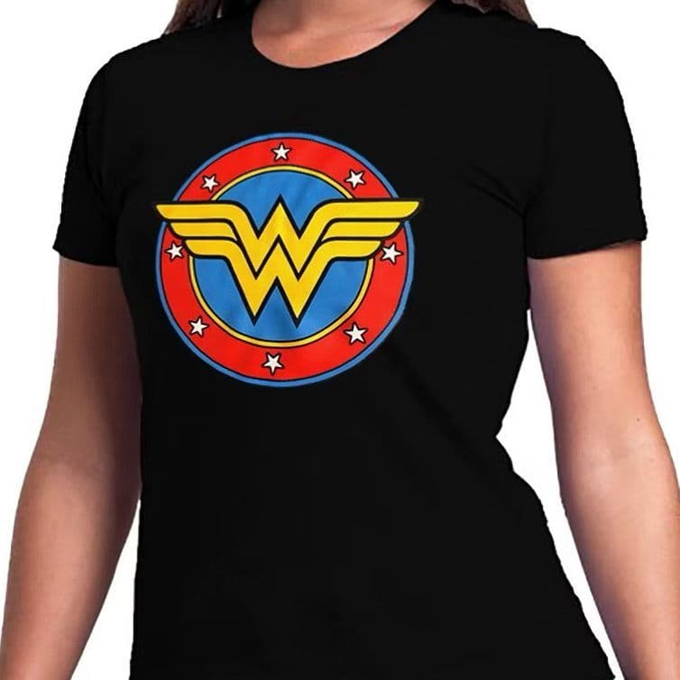 Camiseta Camisa Feminina Mulher Maravilha Vermelha Preta e Branca Camiseta Super Herói