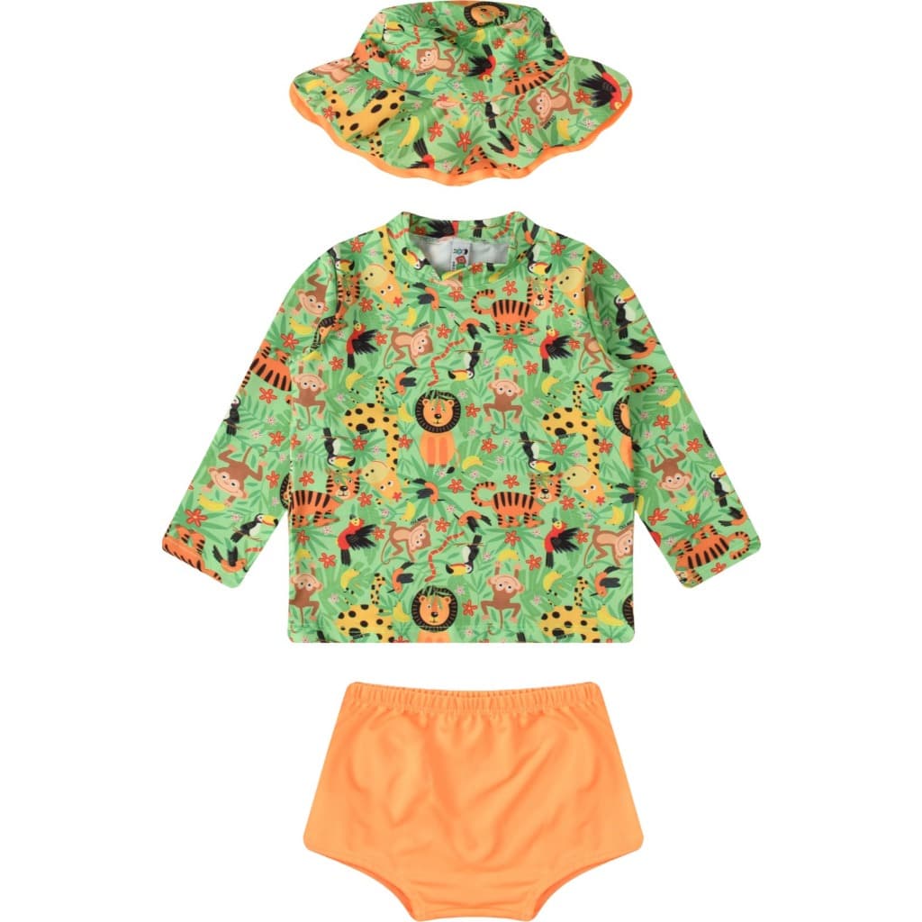 Kit 3 Peças Bebê Infantil Moda Praia Blusa com Proteção Solar UV50+ Sunga + Chapéu Menino