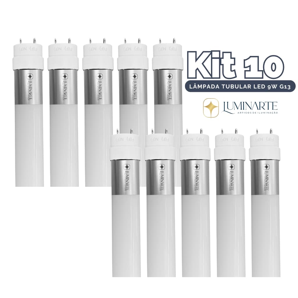 Kit 10 Lâmpadas Led Tubular T8 Bivolt 9w 60cm G13 Vidro 6500k Branco Frio(LUZ BRANCA) - Luminarte