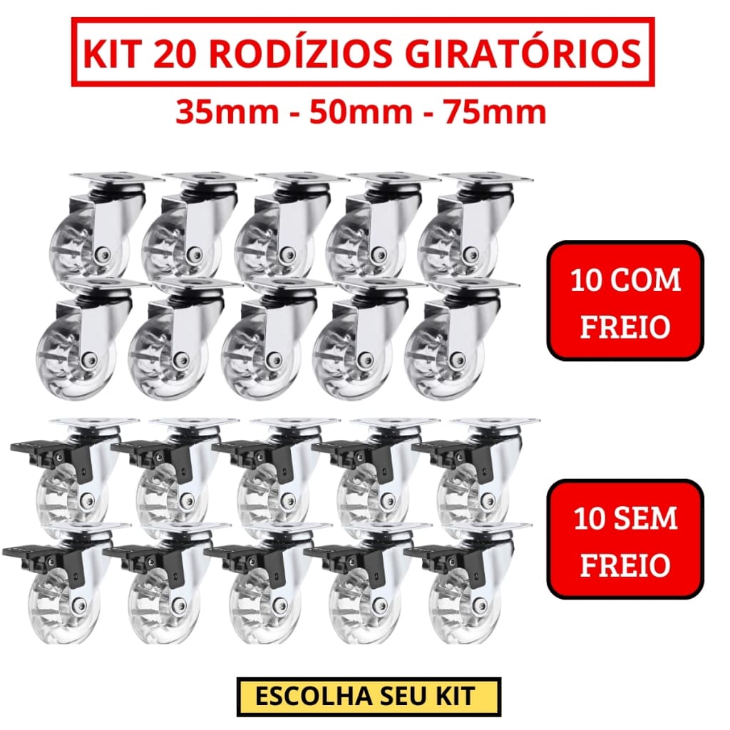 Kit 20 Rodizio Giratório Gel Rodinha Silicone 10 Com Trava 10 Sem Trava - 35mm 50mm 75mm