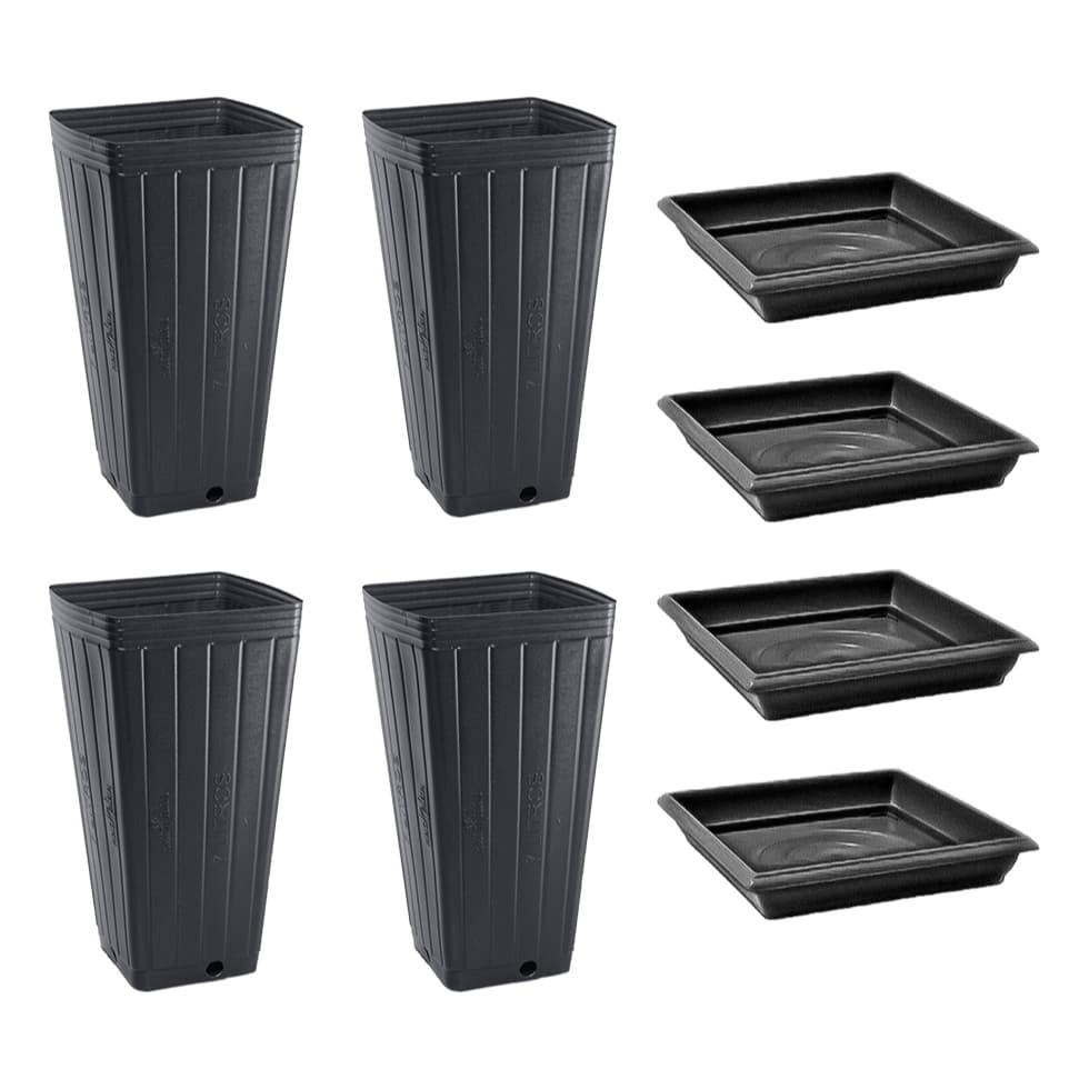 Kit 4 Vasos de 7 Litros + 4 Pratos Plástico Quadrado Preto Nutriplan 17cm