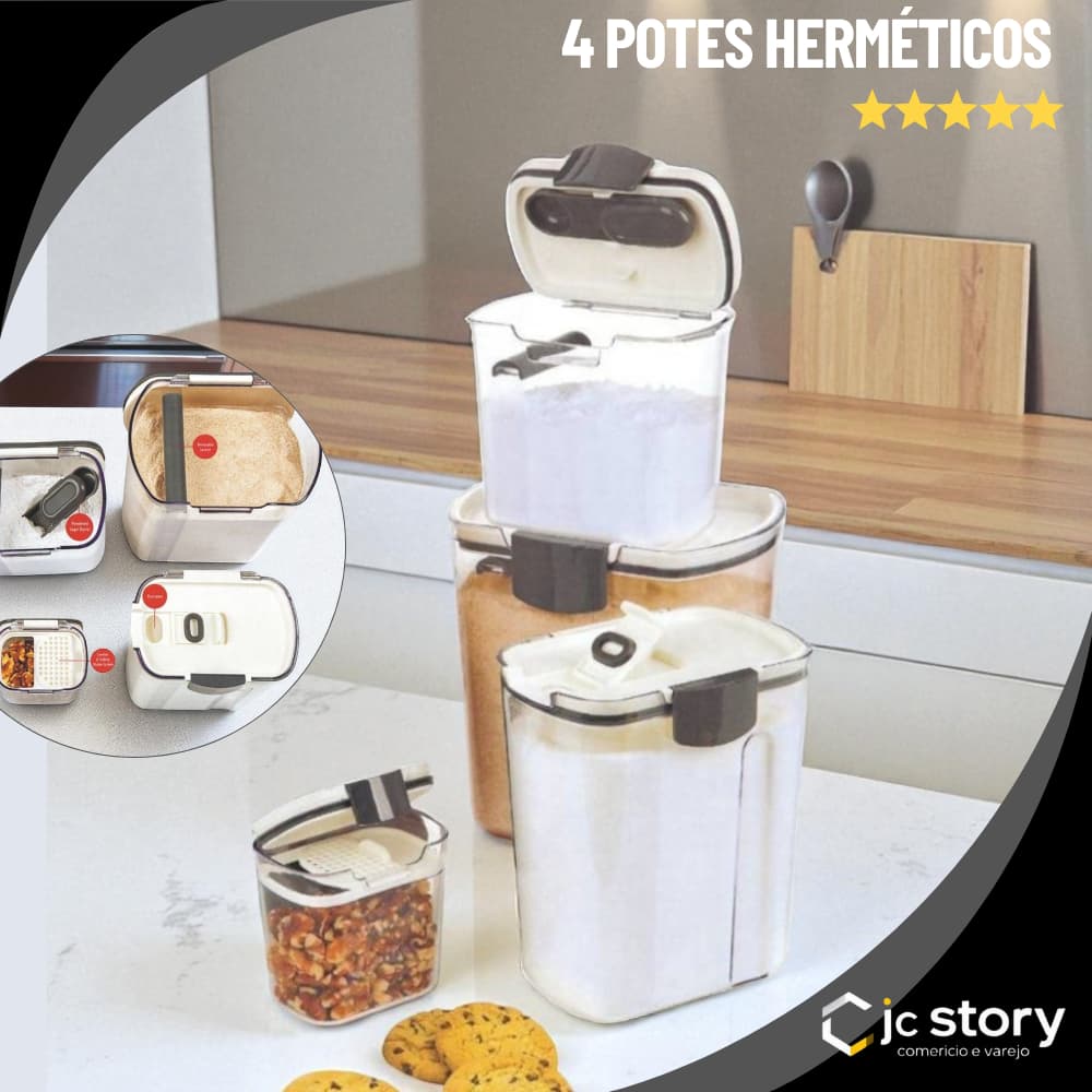 Kit conjunto de 4 Potes Herméticos de Plástico organizador de alimentos dispensa