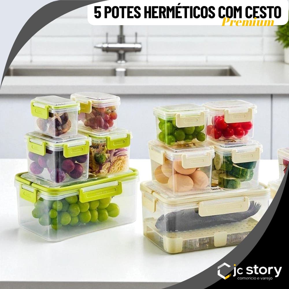 Conjunto 5 Potes de Plástico com Tampa e Cesto empilhavel porta alimentos geladeira despensa