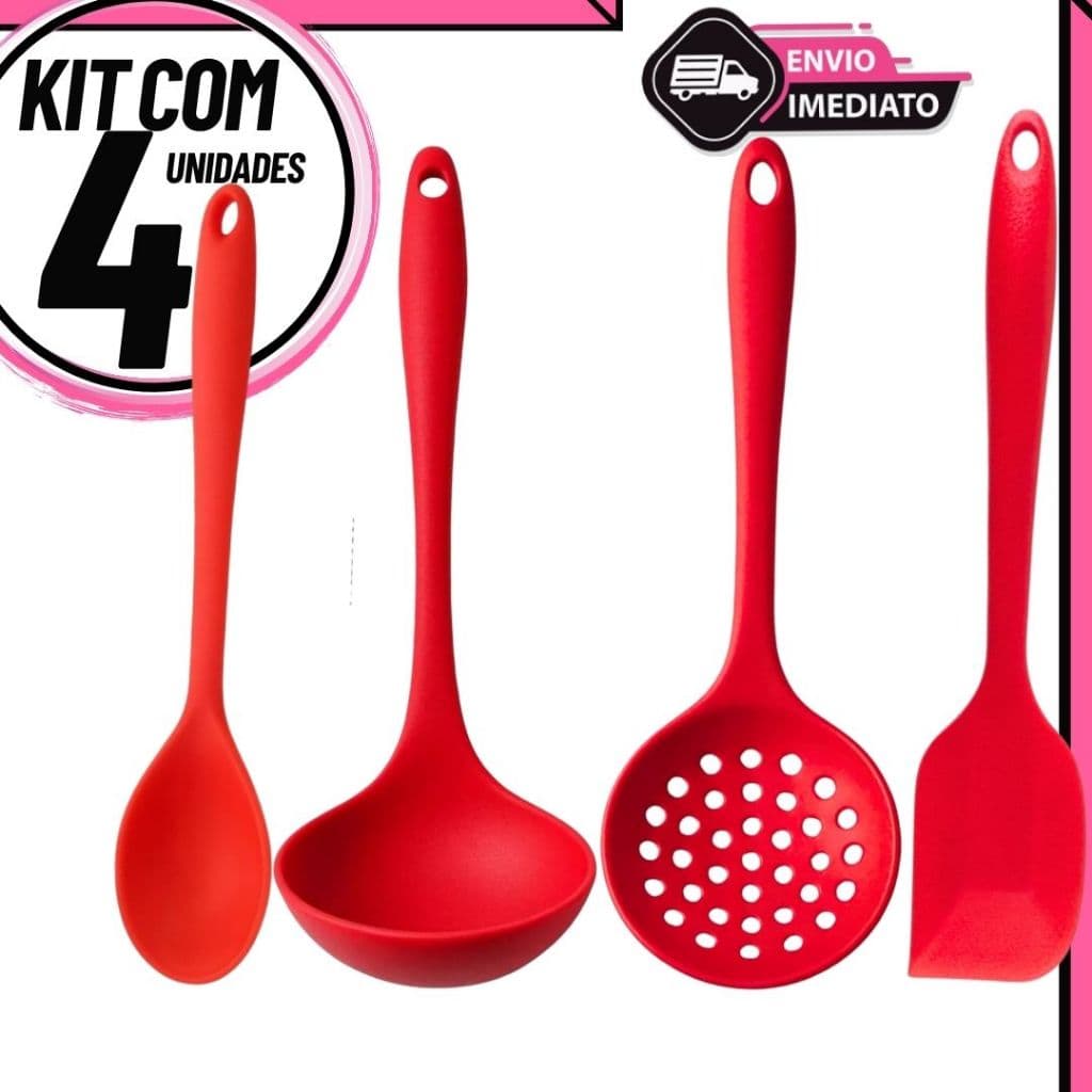 Kit 4 Utensílios de Silicone Antiaderente: Concha, Escumadeira, Colher e Espátula Pão Duro
