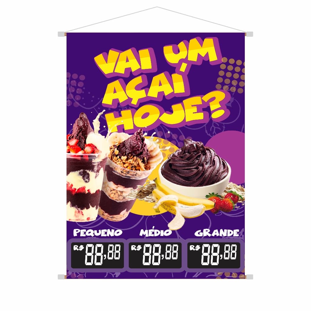 Banner Vende-se Açaí Personalizado em Diversos Tamanhos e Ideal para Lanchonete, Delivery e Eventos