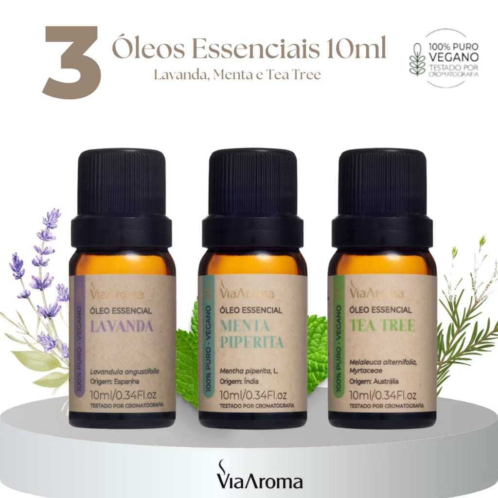 KIT 3 OLEOS VIA AROMA MELALEUCA LAVANDA E MENTA NATURAL VEGANO 100%