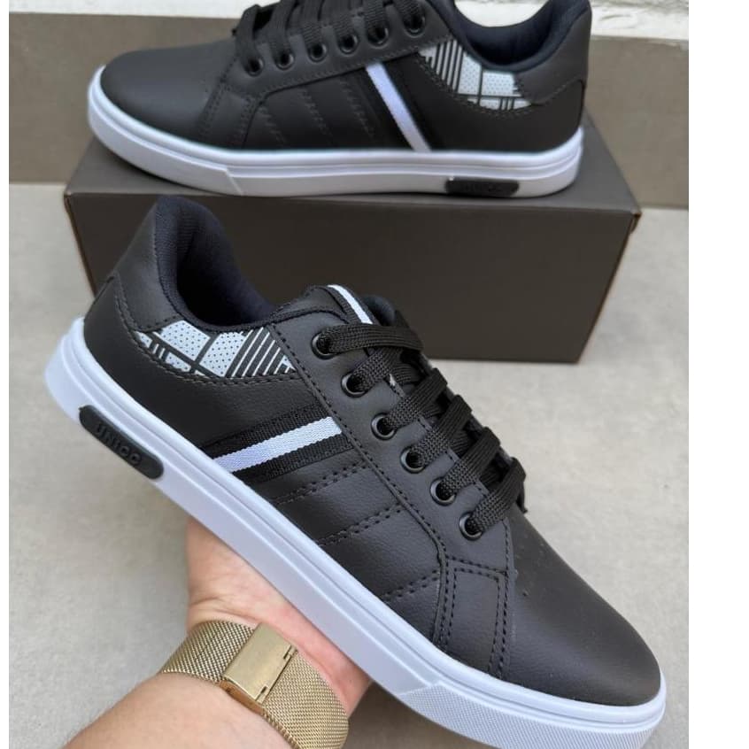 Sapatênis casual preto com branco leve confortavel tênis masculino adulto