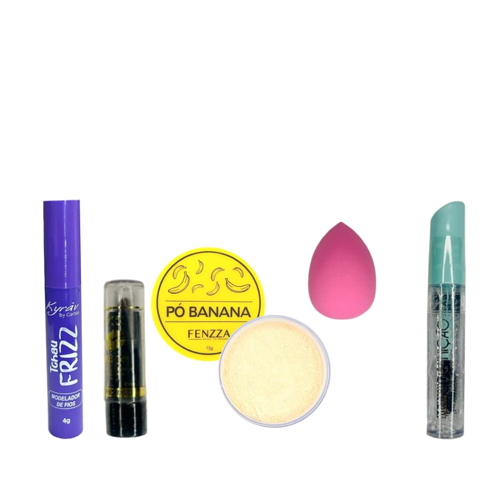 Kit Maquiagem e Cuidado –Pó Banana + Esponja + Batom + Tchau Frizz + Mascara incolor,ideal para levar na bolsa dia a dia