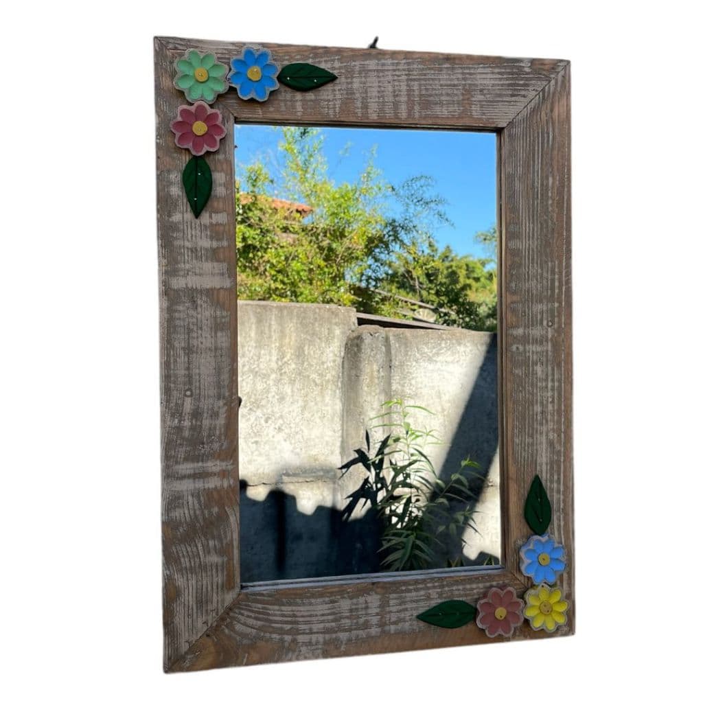 Espelho Decorativo em Madeira Rústico Artesanal Pátina Colonial, lavabo, banheiro, com flores