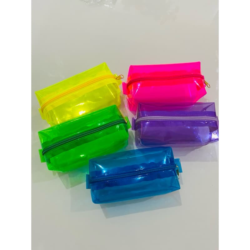 35 Unidade de Necessaire Box PVC Cristal Neon, várias cores alegres e vibrantes 13x7x6cm /Aniversário/festa