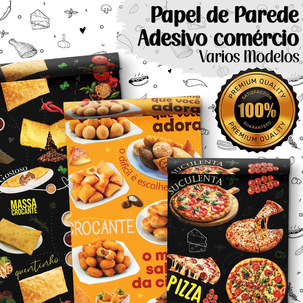Papel de Parede Painel Adesivo Pizzaria Lanchonete Hambúrguer Pizza Pastel Churras Frango Salgado