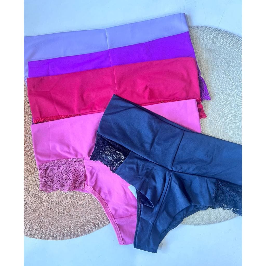 Kit 5 Calcinha Fio Duplo Poliamida C/ Renda Tanga Cintura Alta Confortável Pala Dupla Modela Cintura