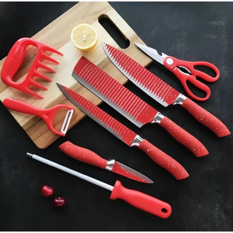 Kit Facas Profissional Cozinha Inox 8 Peças com Chaira Tesoura Descascador Churrasco
