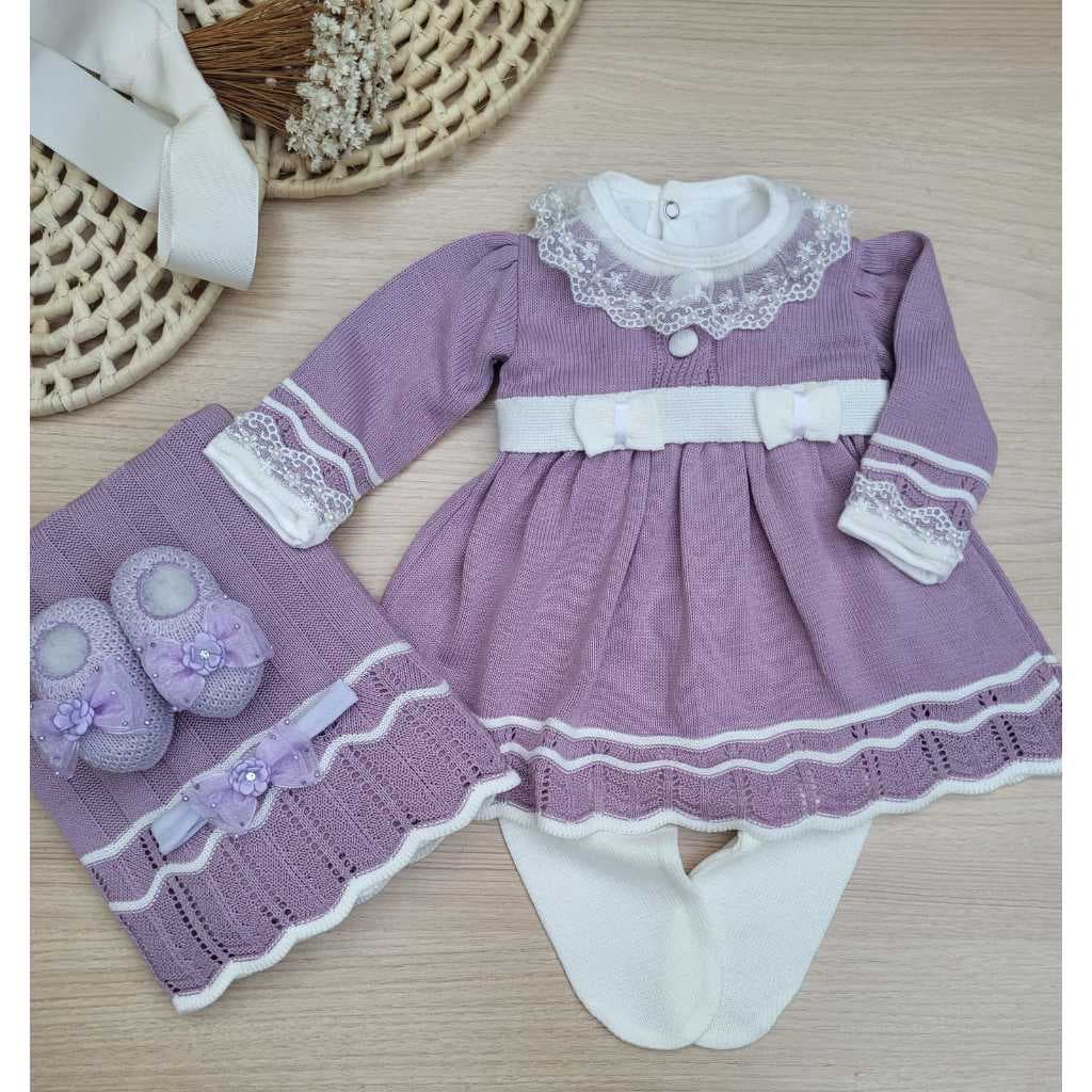 Saída de maternidade menina vestido Luna Lilás em tricot 6 peças