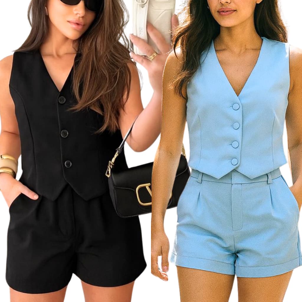 Conjunto Feminino Alfaiataria Luxo - Colete e Short Barbiecore